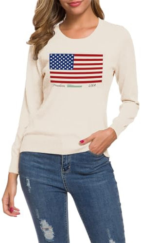 SANGTREE Damen-Pullover mit Rundhalsausschnitt, weicher Strickpullover, USA-Flagge, Kamel, XX-Large