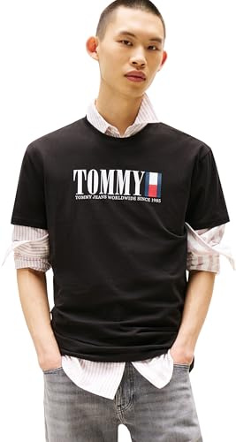 Tommy Jeans Herren T-Shirt Kurzarm Flag Tee Regular Fit, Schwarz (Black), S