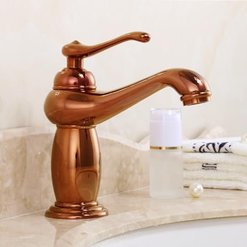 Wasserhahn Waschbecken für Badezimmer Waschtischarmatur Retro Wasserhahn Bad für Waschbecken Einhebel Waschtischarmatur im Vintage Stil Einloch Waschtischarmatur Warm und Kaltwasser Roségold kurz