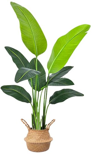 DOKKOME Künstliche Paradiesvogel Künstliche Pflanze groß 120cm Kunstpflanzen Tropische Palme mit 9 Blättern Kunst Bananenbaum Plastik Pflanze Palme im Topf Deko für Wohnzimmer Schlafzimmer Büro