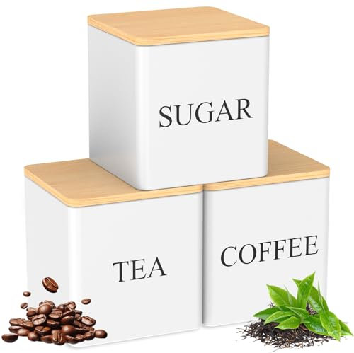 VAVPUP Lot de 3 boîtes de rangement de cuisine - 500 ml - Avec couvercles en bambou - capacité - Pour café, thé, sucre - Blanc