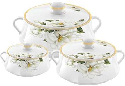 Reldor Insulated Hotpots Dish with Lid Set of 3, Inner Stainless Steel Thermal Food Hot Pot, Casserole Pot with Lid, Dishwasher Safe, Ideal for Serving, Floral Design, (White, 2.5, 3.5 & 5 Litre)