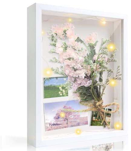 Cadre Photo 3D à remplir avec éclairage LED 25 x 20 cm, pour Objets jusqu'à 3 cm, Idéal comme Cadeau pour Mariage, diplôme, Bureau ou décoration Florale (Blanc)
