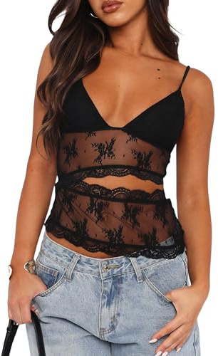 Acrawnni Women's Y2K Lace Cami Tops Sleeveless Spaghetti Strap Sexy Mesh See Through Crop Camisole Backless Bustier Going Out Tops (D-Black, L)