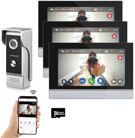 Sistema de intercomunicación de vídeo por cable Tuya WiFi 7 pulgadas de pantalla táctil 1080P timbre de la puerta inteligente Tuya APP Intercom Kit 2 desbloqueo de la puerta (1 Timbre+3 Monitor)