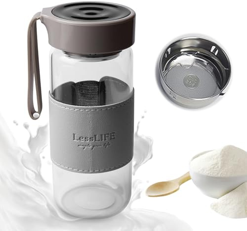 GOEDCH Bottiglia Shaker per Proteine: Shaker Grigio da 480 ML in Vetro con 2 Sfere di Miscelazione in Acciaio Inossidabile, Shaker ​​di Alta Qualità a Prova di Perdite per Il Fitness