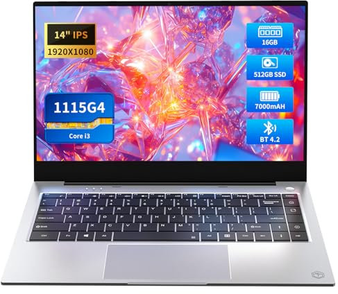 Monovate PC Portatile 14,1 Pollici, Notebook Core i3-1115G4 CPU(up to 4.1GHz), Portatile 16GB DDR4 RAM 512GB SSD, 1920 * 1080P Schermo, Batteria 7000 mAh, Type-C/Mini-HDMI, UHD Graphics GPU