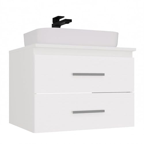 CDF Waschbeckenunterschrank hängend 2 Schubladen Weiß 60 cm Badschrank | Badezimmermöbel, Stauraum für Kosmetik und Zubehör, Handtücher, Griffe, glatte Fronten, für den täglichen Gebrauch