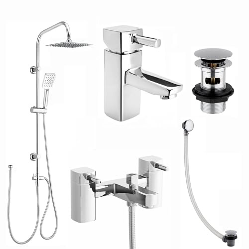 ENKI, Stella, BBT0281, Bathroom Tap Bundle incl. Bath Shower Mixer Tap with Dual Riser Rail, Basin Mixer, Bath and Basin Wastes, Chrome