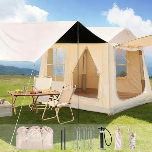 Aufblasbares Campingzelt mit Pumpe, 420D Oxford Glamping Aufblasbares Zelt für Camping, Wasserdicht bis 3100MM, 4 Saison Winddicht Kabinenzelt mit Mesh