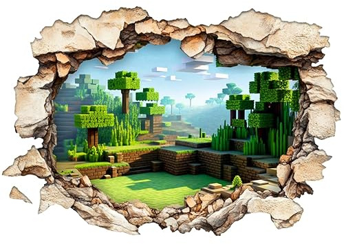 3D Block-Stil Wandtattoo: Realistischer Durchbruch-Effekt | Pixel Wald Landschaft Sticker für Gamer & Jungen Kinderzimmer | Selbstklebende Vinyl Deko