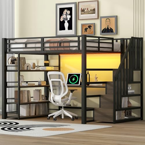 TOBIDOEN Cama alta 140 x 200 cm de metal, diseño de espacio de almacenamiento con escritorio y compartimentos de almacenamiento, escalera con espacio de almacenamiento, funcionalidad, ideal para