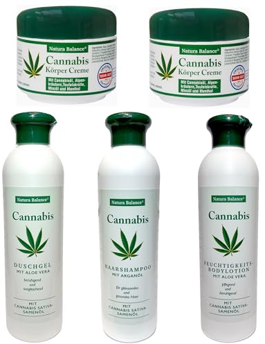 Geschenk Set für Herren 5tlg Cannabis Creme Männer Geschenkset Hanfsamenöl Duschgel Körper Bodylotion Shampoo Haarshampoo vegan Vatertag