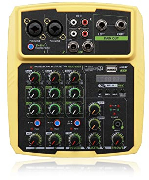 DJ-Mixer, 4-Kanal-Sound-Mixer-Schnittstelle Professionelle Studioaufnahme Soundkarte Mischpult Mikrofon 48-V-Phantomspeisung(Yellow)
