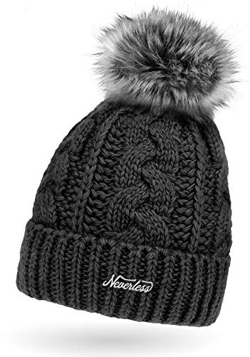 Neverless Damen Strick-Mütze gefüttert mit Fell-Bommel, Kunstfell, Winter-Mütze, Bommelmütze, dunkelgrau Unisize