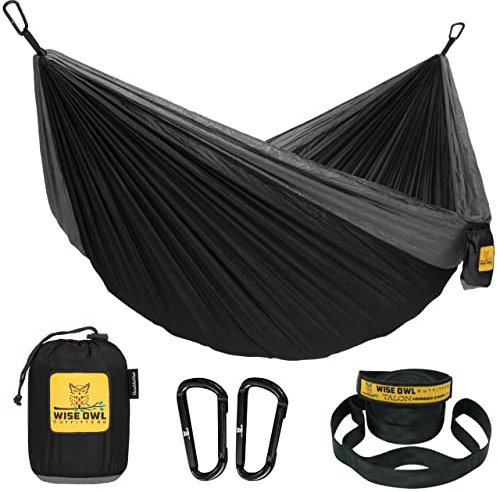 Wise Owl Outfitters Hängematte - Outdoor Hängematte für 1 Person - Ultraleichte Reisehängematte - Belastbar bis 180 kg - Camping Zubehör - Inkl. Aufhängung u. Karabiner (Schwarz und Grau)