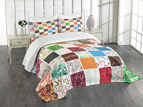 ABAKUHAUS Retro Tagesdecke Set, Patchwork Retro Style, Set mit Kissenbezügen Moderne Designs, für Doppelbetten 220 x 220 cm, Beige Mehrfarbig