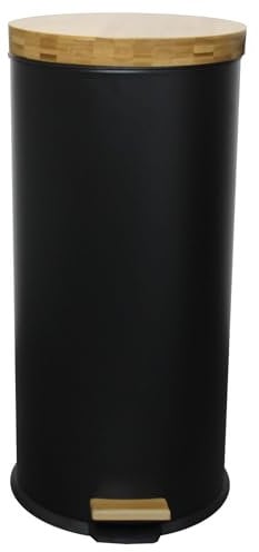 KITCHEN MOVE Poubelle de cuisine à pédale FOREST 30L Mat noir En acier inoxydable et bois avec seau