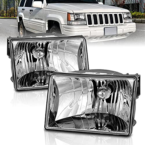 AmeriLite for 1993-1998 Jeep Grand Cherokee Replacement Crystal Chrome Main Kit Headlights Assembly Pair - Driver and Passenger Side