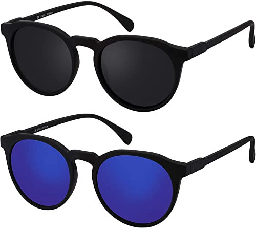 La Optica B.L.M. Sonnenbrille Herren Damen UV400 Rund Retro - Doppelpack Set Gummiert Schwarz (Gläser: 1 x Grau, 1 x Blau verspiegelt)