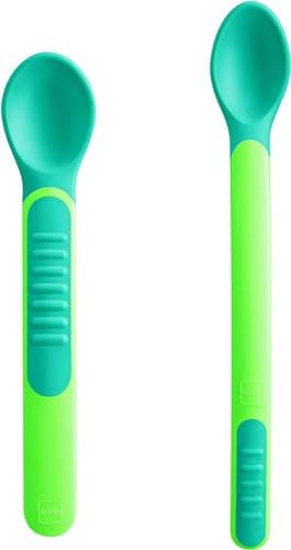MAM Heat Sensitive Spoons & Cover, Couverts de sevrage changent de couleur avec la chaleur, avec étui à couverts, neutre