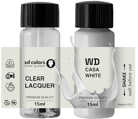 SD COLORS CASA White WD Peinture de retouche 15 ML pour réparation des rayures et des éclats Pinceau Code couleur WD CASA Blanc (peinture + vernis)