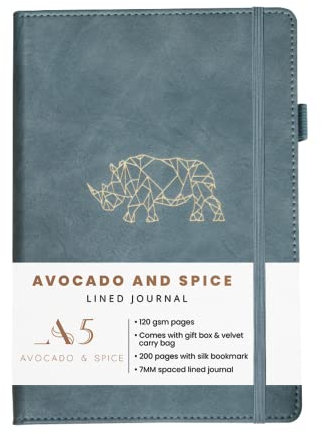 Avocado & Spice A5 Notizbuch Liniert, als Reise-Tagebuch, Notizblock, Journal, A5 Hardcover Tagesplaner mit Geschenkbox & Samtbeutel - mit Lesezeichen, elastischem Band, Stifthalter, 200 Seiten Grau
