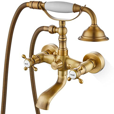 Airuida Badewannen- und Duscharmatur-Set mit telefonförmigem Handsprüher mit doppeltem Heiß- und Kaltwasser-Mischbatterie, Wandmontage, Wannenfüller-Set, Vintage-Stil, Kreuzgriffe, antikes Messing