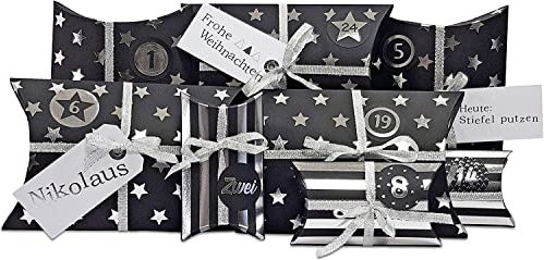 Frau WunderVoll® DIY Adventskalender zum Befüllen HoHoHo Metallic, matt schwarz, Silber/Weihnachtskalender Bastelset Weihnachten,Schachteln,Kissenschachteln, Pillowbox, Kinder, Zahlen, Geschenkbeutel