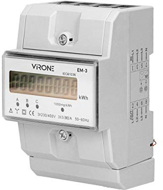 Virone EM-3 Contatore Energia Elettrica AC Digitale Trifase 80A 4,3 Moduli DIN TH-35mm