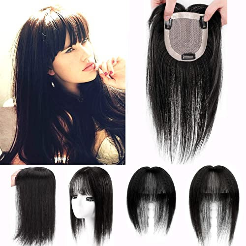 Eree Hair 40,6 cm glatte Echthaar-Topper mit Pony, 10,2 x 11,9 cm, obere Mono-Basis, für Frauen mit dünner werdendem Haar, Frauen-Toupee, Echthaar, Clip-in-Haarteil, natürliches Schwarz
