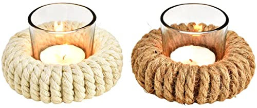 2er-Set Windlichter Teelichthalter aus Glas in Maritimen Dekor mit Juteseil (Beige/Braun) B10xH7xT10cm