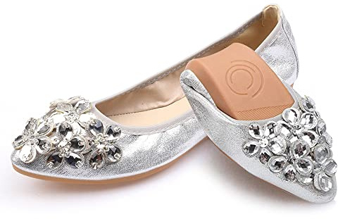 Women's Ballet Flats Foldable Casual Sparkly Rhinestone Wedding Ballerina Shoes Comfort Slip on Walking Flat Shoes