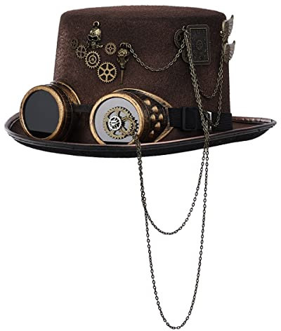 BPURB Filz Steampunk Hut Vintage Halloween Unisex Steampunk Zylinder Hut mit Brille (61cm/24.02 inches, Braun)