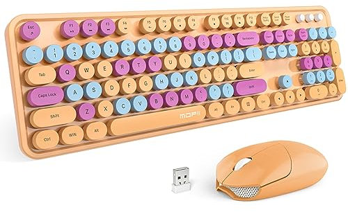 MOFII Wireless Keyboard and Mouse Combo, Retro Wireless Keyboard with Round Keycaps, 2.4GHz Dropout-Free Connection, Cute Wireless Mouse for PC/Laptop/Windows XP/7/8/10 (Orange-Colorful)