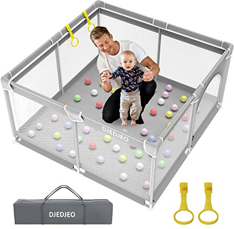 DJEDJEO Laufstall Baby, Laufgitter Baby 125x125cm, Laufstall Baby Faltbar, Laufstall für Apartment mit Atmungsaktivem Netz, Rutschfeste Basis, Schutzgitter Krabbelgitter für Kinder