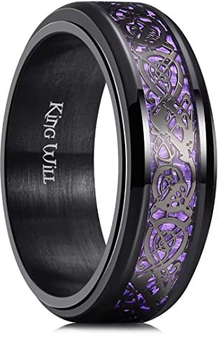 King Will Mens Spinner 8mm Stainless Steel Ring Anxiety Fidget Ring Black Celtic Dragon Purple Carbon Fiber Inlay Fidget Wedding Ring 12.5