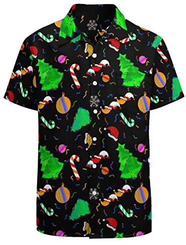 LARSD 80s Camicie per Uomo 90s Button Up Shirt Vintage Retro Hawaiian Beach Shirt Neon Discoteca Camicia Divertente Partito Camicia, Albero di Natale, 4XL
