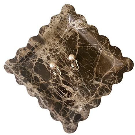 SAIDKOCC Vintage Natural Marble Tray Small Ornaments Scalloped Tray Handmade Storage Dish for Counter, Vanity, Dresser, Nightstand and Desk (Coffee Net)