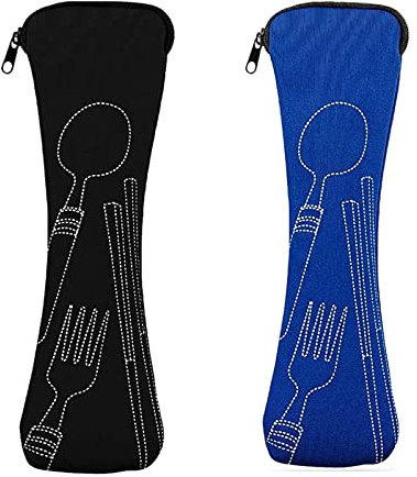 Mnsconkl Bestecktasche,Bestecktasche für Unterwegs 2 Stück Tragbare Neopren Bestecktaschen Leer mit Reißverschluss Besteck Camping Geschirr Waschbar Schule Picknick Besteck to go Schwarz Blau