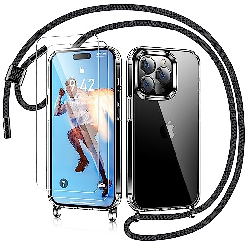 AROYI Handykette für iPhone 14 Pro Max Hülle mit Band Und 2 Stück Schutzfolie, Transparent Ultra Hybrid Handyhülle für iPhone 14 Pro Max mit Kette zum Umhängeband Abnehmbar Stossfest - Schwarz