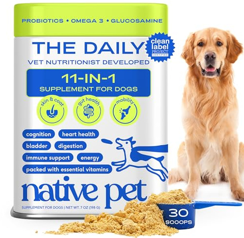 Native Pet The Daily Dog Vitamins & Supplements - 11-in-1 Multivitamin Powder for Dogs - Supports Whole Body Health, Digestion, Mobility & Immunity with Collagen, Glucosamine & Probiotics – 30 Scoops