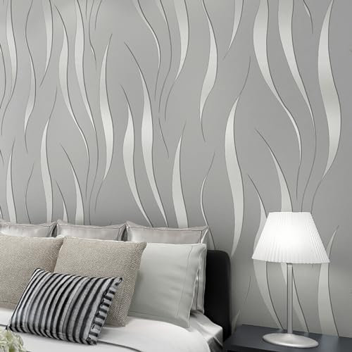 ChicSoleil Tapete Vliestapete 3D mit Wasserpflanzen-Muster,3D-Wellen Geprägte Tapetenrolle,Moderne Minimalistisch Wallpaper mit 3D-Wellen 0,53 m x 9,5 m = 5m², Silberfarben und Grau