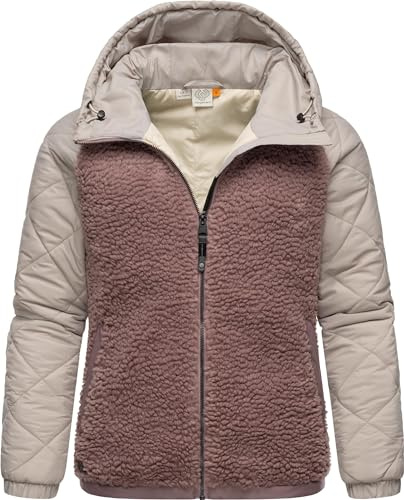 Ragwear warme Damen Übergangsjacke Hybrid-Plüschjacke kurz mit gesteppten Ärmeln und Kapuze Leeloo Mauve Blocked Gr. XL
