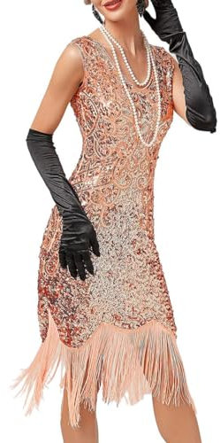 Minetom Vestiti Anni 20 Donna con Paillettes E Frange 1920S Abito Vestito Gatsby Vestito Charleston Festa A Tema Flapper Dress A Rosa M