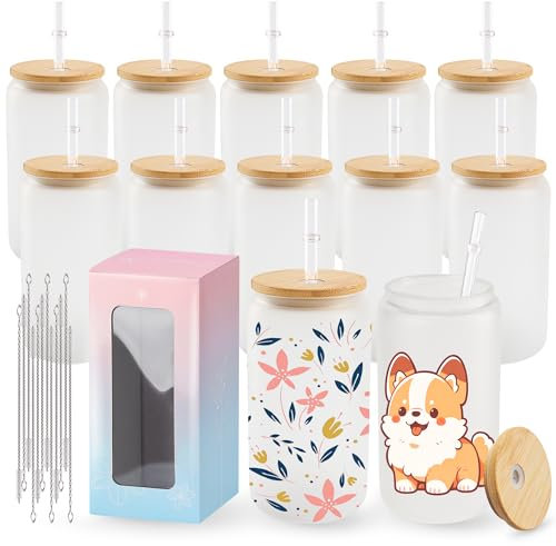 Joyclub 12 Pack Sublimation Blanks Bulk Frosted Glass Cups with Lids and Straws 16oz, Sublimation Glass Tumbler Blanks Beer Can Shaped Mugs for Iced Coffee Smoothie Soda Boba Tea Cocktail DIY Gift