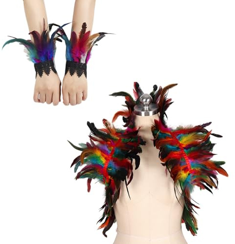 Women Natural Feather Cape, Halloween Carnival Outfits with Wristband Costume Gothic Lacing Shawl Shrug Collar Feather Cape for Halloween Cosplay Christmas Party Gift (Black) (Colorful)