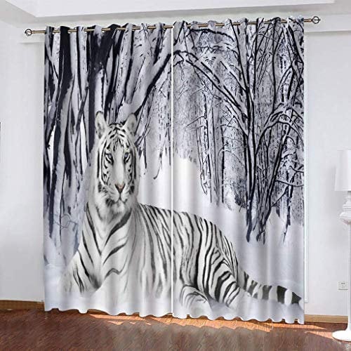 Vorhänge Blickdicht Gardinen Wohnzimmer Verdunkelungsvorhang Schlafzimmer Kinderzimmer Thermovorhang 3D Tierischer Weißer Tiger Muster Ösenschal 2Er Set Fensterdekoration