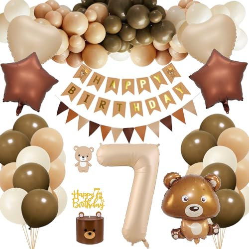 7. Geburtstagsdeko Junge Mädchen, Kindergeburtstag Deko mit Bär Luftballon, 7 Jahre Geburtstag Bär Deko, Happy Birthday Banner, Folienballon 7, Cake Topper, Partydeko für 7 Jahre Junge