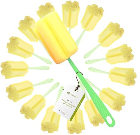 Gadget-Hero Reinigungsbürste für Flaschen 15er Set - Flaschenbürste Schwamm - Spülschwamm für Gläser - kratzfreier Flaschenreiniger mit langem Griff - Flaschenschwamm - Babyflaschen Reiniger
